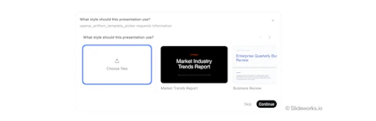 GPT-6 Astra asks which presentation style to use: upload a template, Market Trends Report or Business Review