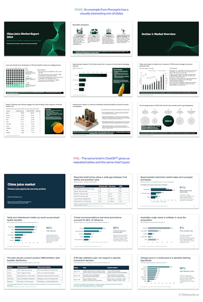 Two slide grids from one brief: a Perceptis deck with varied chart types and illustrations, and a ChatGPT deck repeating bar charts with big-number callouts.