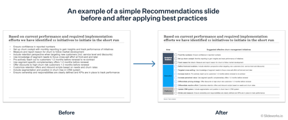 An example of a simple Recommendations slide before and after applying best practices