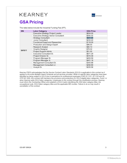 An example of a pricing sheet from Kearney for the US GSA