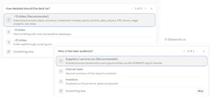 Fable 5.1 asks how detailed the deck should be and recommends an executive summary deck of about 15 slides. It also asks who the main audience is and recommends suppliers and service companies, framed around market entry.