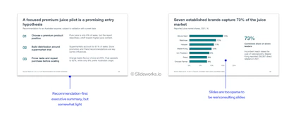 Two ChatGPT slides annotated: a recommendation-first executive summary that is somewhat light, and a bar chart slide too sparse for consulting