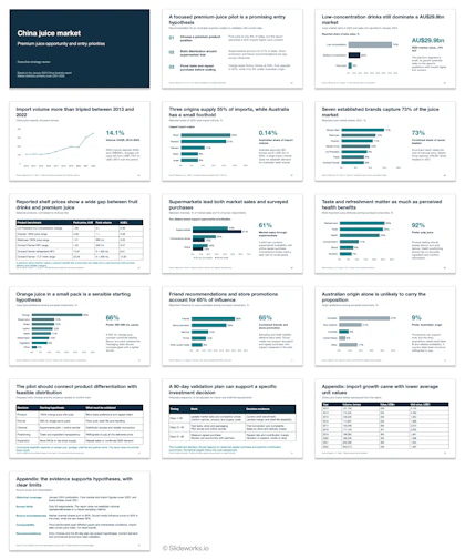 Overview of the 16-slide China juice market deck generated by ChatGPT, using the same bar chart and callout number layout on most slides