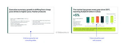 Two Gamma slides annotated: an executive summary too sparse for consulting, and a bar chart with a different colour on every bar