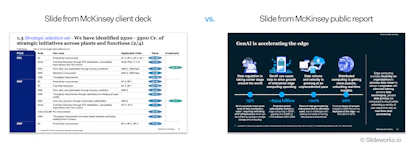 Real McKinsey client strategy slide next to a typical external McKinsey slide, showing the difference in action titles and content density