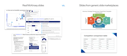 Consulting-grade strategy slide compared with a generic marketplace template, showing the structural difference in titles and slide design