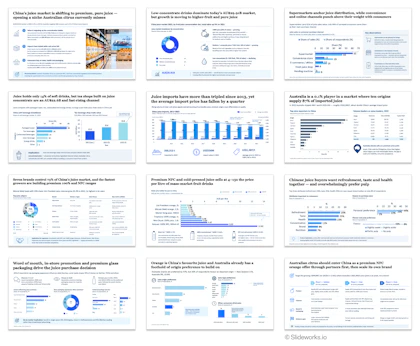 Overview of the 12-slide China juice market deck generated by Oria, with blue charts, icons and dense data on most slides