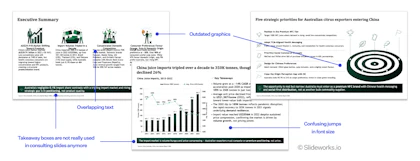 Three Perceptis slides annotated to show outdated graphics, overlapping text, jumps in font size and old-fashioned takeaway boxes