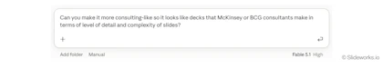 Follow-up prompt asking Fable 5.1 and GPT-6 Astra to make the deck more consulting-like, like McKinsey or BCG decks