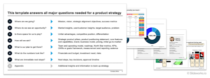 The Slideworks Product Strategy template contains ready-to-use template slides, full-length examples, and helpful tips for creating a best-practice product strategy.