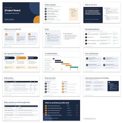 All 14 slides of the Fable 5.1 project kickoff deck, from agenda and scope to timeline, team, risks and next steps