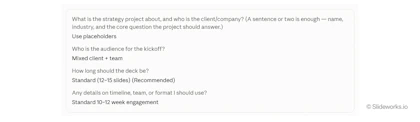 Fable 5.1 kickoff deck questions answered: placeholders, mixed client and team audience, 12–15 slides, 10–12 week project