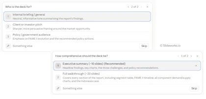 Fable 5.1 asks how detailed the deck should be and who it is for; executive summary and internal briefing selected