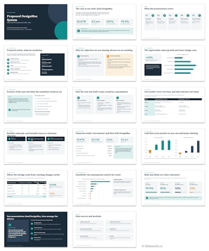 All 17 slides of the DesignMax business case redesigned by Fable 5.1, with KPI tiles, cash flow charts and a recommendation