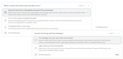 Fable 5.1 asks what the improved deck should contain and how far to redesign; keep example and full .pptx redesign chosen